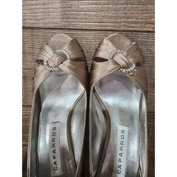 CAPARROS TAN SATIN HEELS PUMPS ETHEL PEEP TOE Shoes rhinestone bling Sz 7.5B - Picture 6 of 8